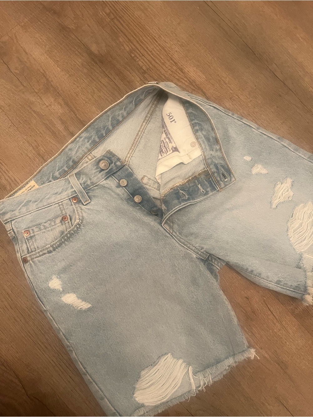 Levi's Light Blue Distressed Denim Shorts - Picture 3 of 4